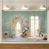 15x10ft Oil Painting Backdrop European Style Arched Door French Window Photography Background Colorful Floral Backdrop Blue Green Painting Wall Background Birthday Wedding Party Photo Shot Props view 4
