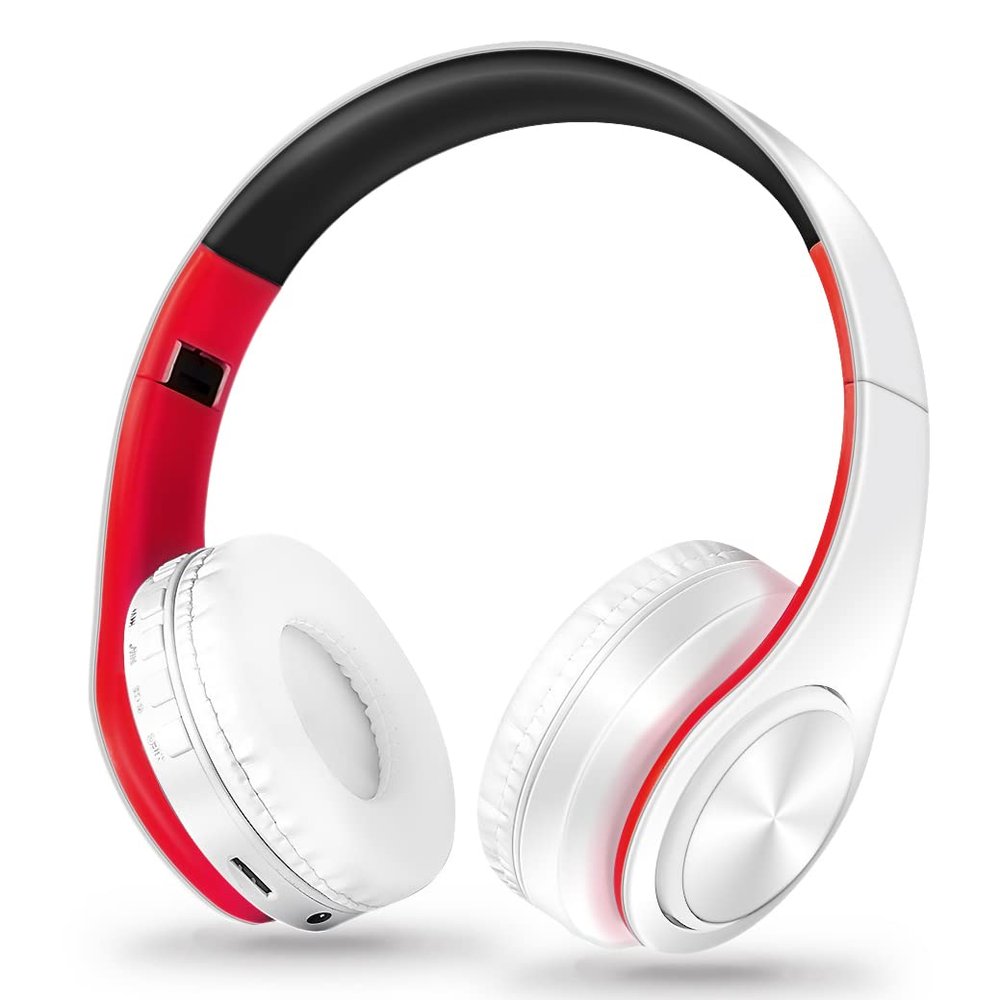 JYSiptkird Bluetooth Over The Ear Headphone Stereo Sound Computer PC Headset for Gaming Meeting Chat with Mic/Soft Earmuffs/Foldable/TF 3.5mm Jack for Universal Connectivity (white red)