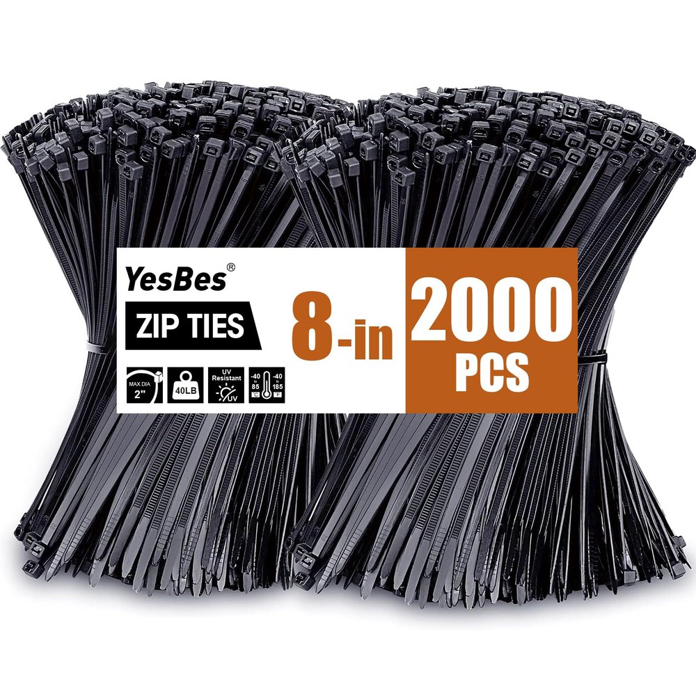 2000 PCS Zip Ties 8 Inch, Cable Ties 40lbs Tensile Strength, Black Zip Ties for Indoor and Outdoor Use, UV Resistant Wire Ties