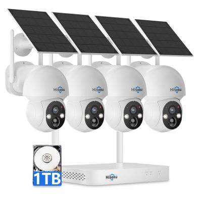 Hiseeu Solar Camera Wireless Outdoor, Home Security Camera System, 2.4G & 5G WiFi, Solar-Powered 4MP 4 Cam-Kit, Color Night Vision, 360 View, Pan & Tilt, 1TB HDD Local Recording, No Subscription