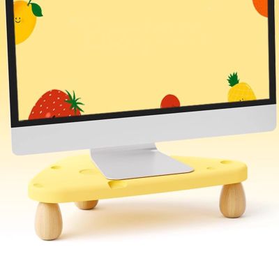 Small Desk Corner Monitor Stand Riser Yellow, Wooden Triangle Computer Stand Shelf Cheese Shaped, Cute Home Office Desktop Storage Rack, 9.5cm Height