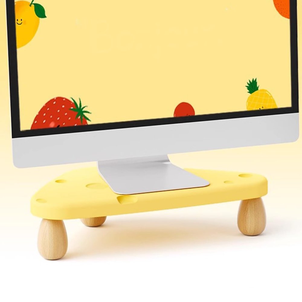 Small Desk Corner Monitor Stand Riser Yellow, Wooden Triangle Computer Stand Shelf Cheese Shaped, Cute Home Office Desktop Storage Rack, 9.5cm Height