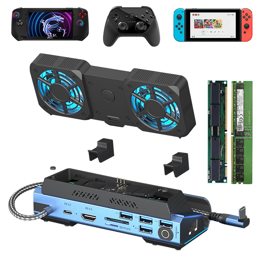 Docking Stations with M.2 NVMe Enclosure 100W Fast Charging 4K@60Hz USB Hub 1000Mbps SD/TF Card Reader for steam Deck Dock/rog Ally Dock/Xbox PS5 Laptop Phone16 Switch Legion go Dock with Fan 10 in 1