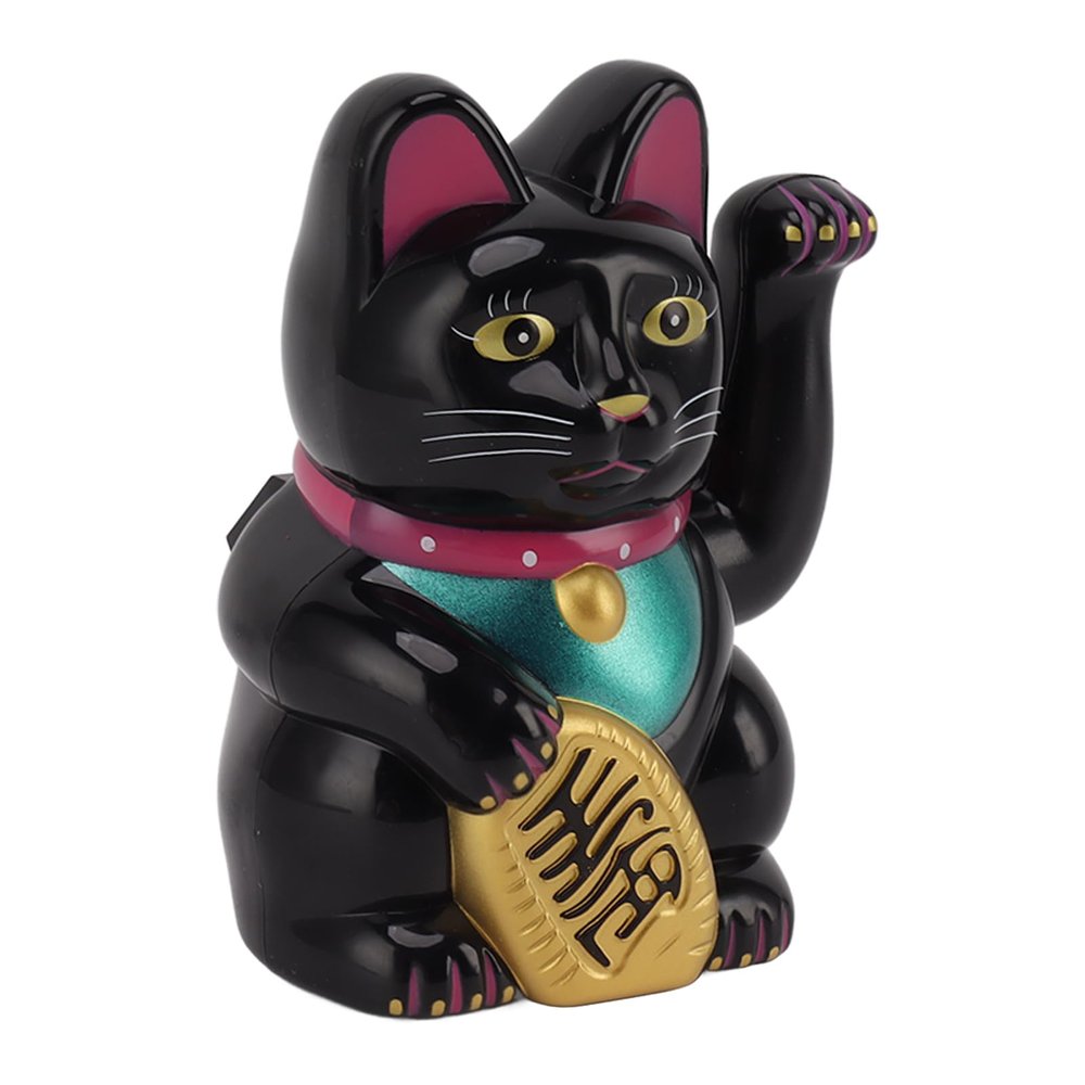 ANGGREK Lucky Cat with Waving Arm Solar Powered Lucky Cat 5 Plastic Office (Black)
