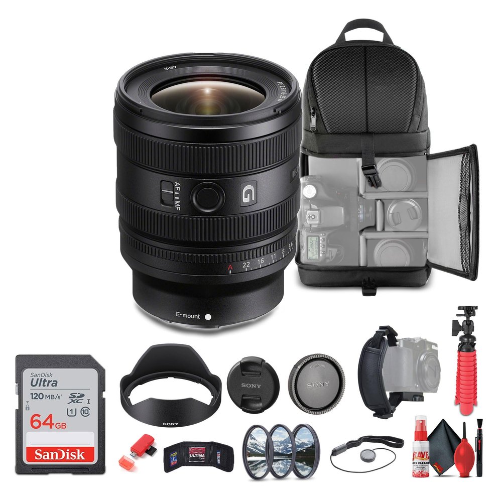 Sony FE 16-25mm f/2.8 G Lens (Sony E) (SEL1625G) + 64GB Memory Card + Filter Kit + Backpack + Flexible Tripod + Cap Keeper + Cleaning Kit + Memory Card Wallet + Card Reader + Hand Grip Strap (Renewed)