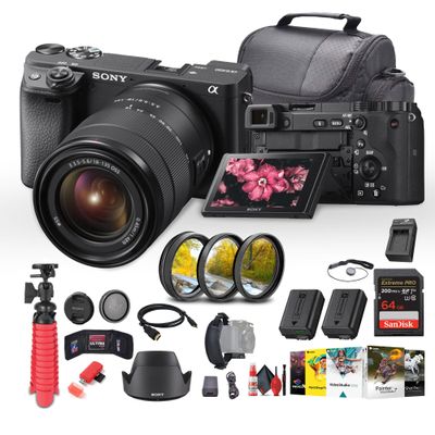 Sony a6400 Mirrorless Camera with 18-135mm Lens with Real-Time Eye Auto Focus, 4K Video (ILCE-6400M/B) + 64GB Card + NP-FW50 Battery + Photography Software + Filter Kit + Charger + More (Renewed)