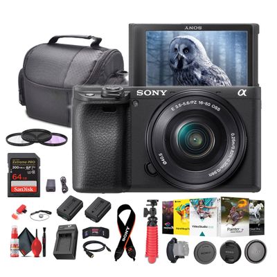 Sony a6400 Mirrorless Camera with 16-50mm Lens with Real-Time Eye Auto Focus, 4K Video ILCE-6400L/B + 64GB Card + NP-FW50 Battery + Photography Software + Filter Kit + Charger + Case + More (Renewed)