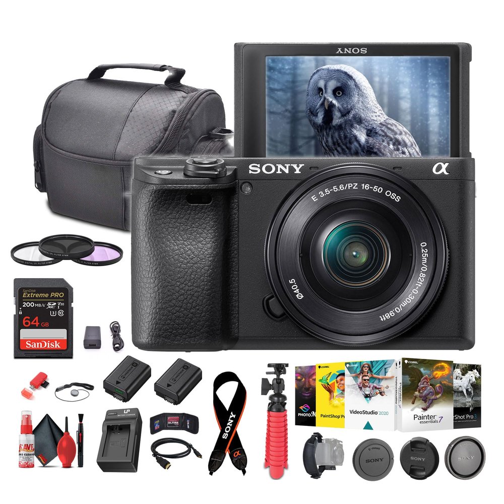 Sony a6400 Mirrorless Camera with 16-50mm Lens with Real-Time Eye Auto Focus, 4K Video ILCE-6400L/B + 64GB Card + NP-FW50 Battery + Photography Software + Filter Kit + Charger + Case + More (Renewed)