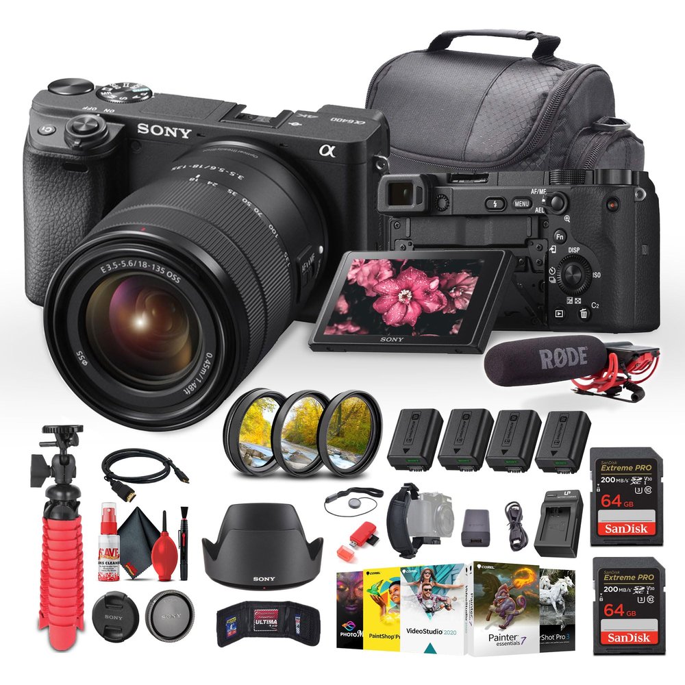 Sony a6400 Mirrorless Camera with 18-135mm Lens with Real-Time Eye Auto Focus, 4K Video (ILCE-6400M/B) + VideoMic + 2 x 64GB Memory Card + 3 x NP-FW50 Battery + Photography Software + More (Renewed)