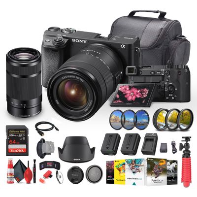 Sony a6400 Mirrorless Camera with 18-135mm Lens with Real-Time Eye Auto Focus, 4K Video (ILCE-6400M/B) + Sony E 55-210mm f/4.5-6.3 OSS Lens + 64GB Memory Card + NP-FW50 Battery + More (Renewed)
