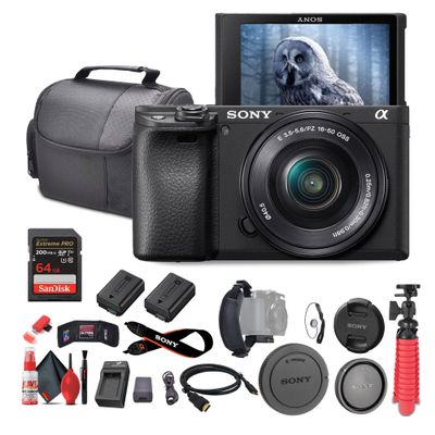 Sony a6400 Mirrorless Camera with 16-50mm Lens with Real-Time Eye Auto Focus, 4K Video (ILCE-6400L/B) + 64GB Memory Card + NP-FW50 Battery + Charger + Case + Flexible Tripod + More (Renewed)