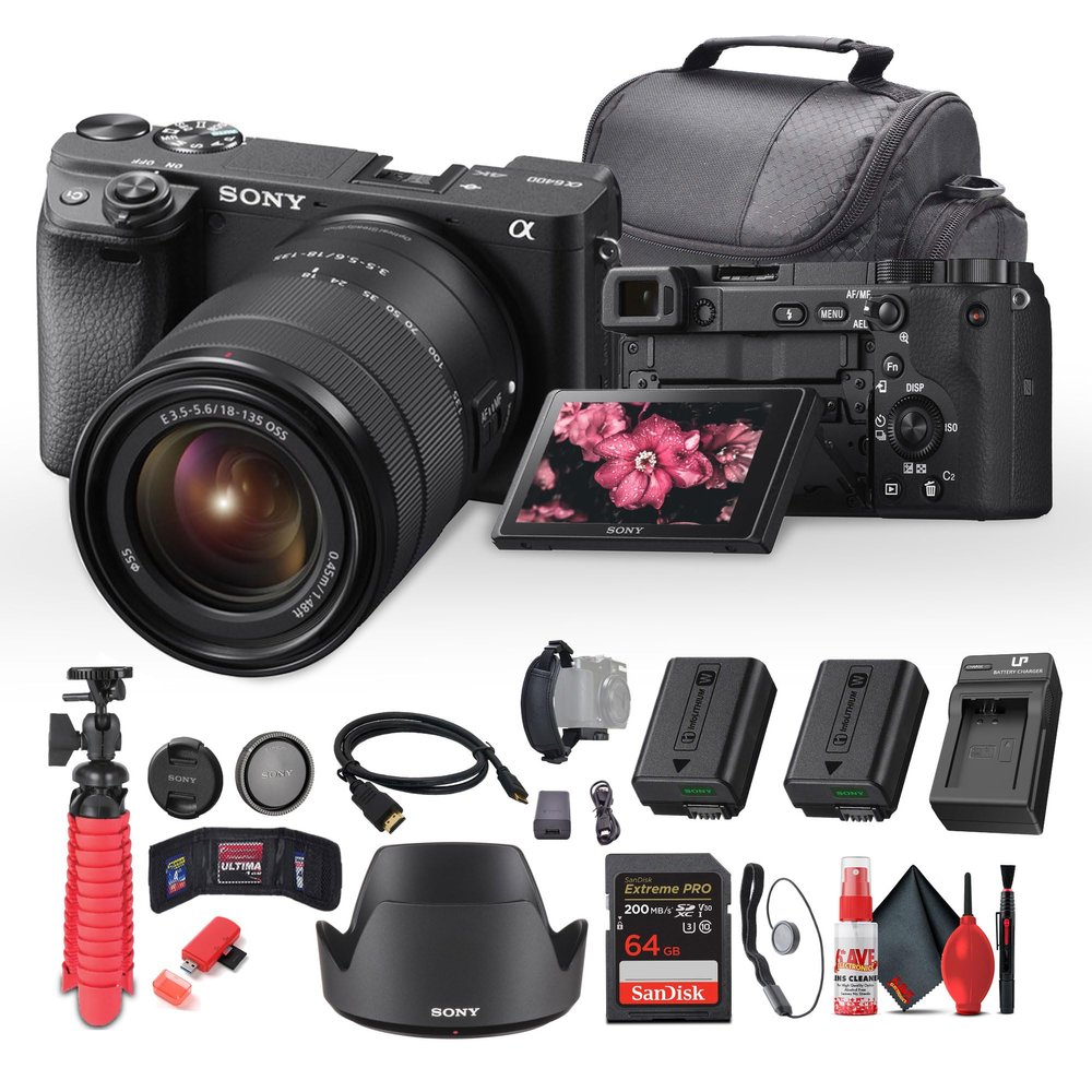 Sony a6400 Mirrorless Camera with 18-135mm Lens with Real-Time Eye Auto Focus, 4K Video (ILCE-6400M/B) + 64GB Memory Card + NP-FW50 Battery + Charger + Case + Flexible Tripod + More (Renewed)