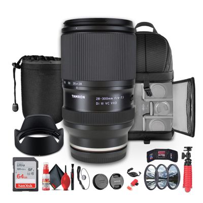 Tamron 28-300mm f/4-7.1 Di III VC VXD Lightweight Lens for (Sony E) Mirrorless Cameras (A074) + 64GB Memory Card + Filter Kit + Backpack + Lens Pouch + Flexible Tripod + Cap Keeper + More