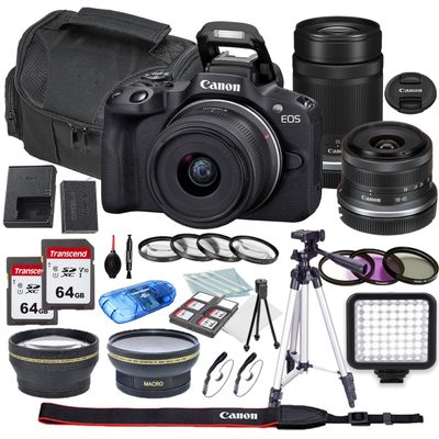 Canon EOS R50 Mirrorless Camera with Canon RF-S 18-45mm is STM Lens and Canon RF-S 55-210mm Lens + Filters + Case + 2X 64GB Memory Cards + Tripod + LED Square Light (28PC Bundle) (Renewed)