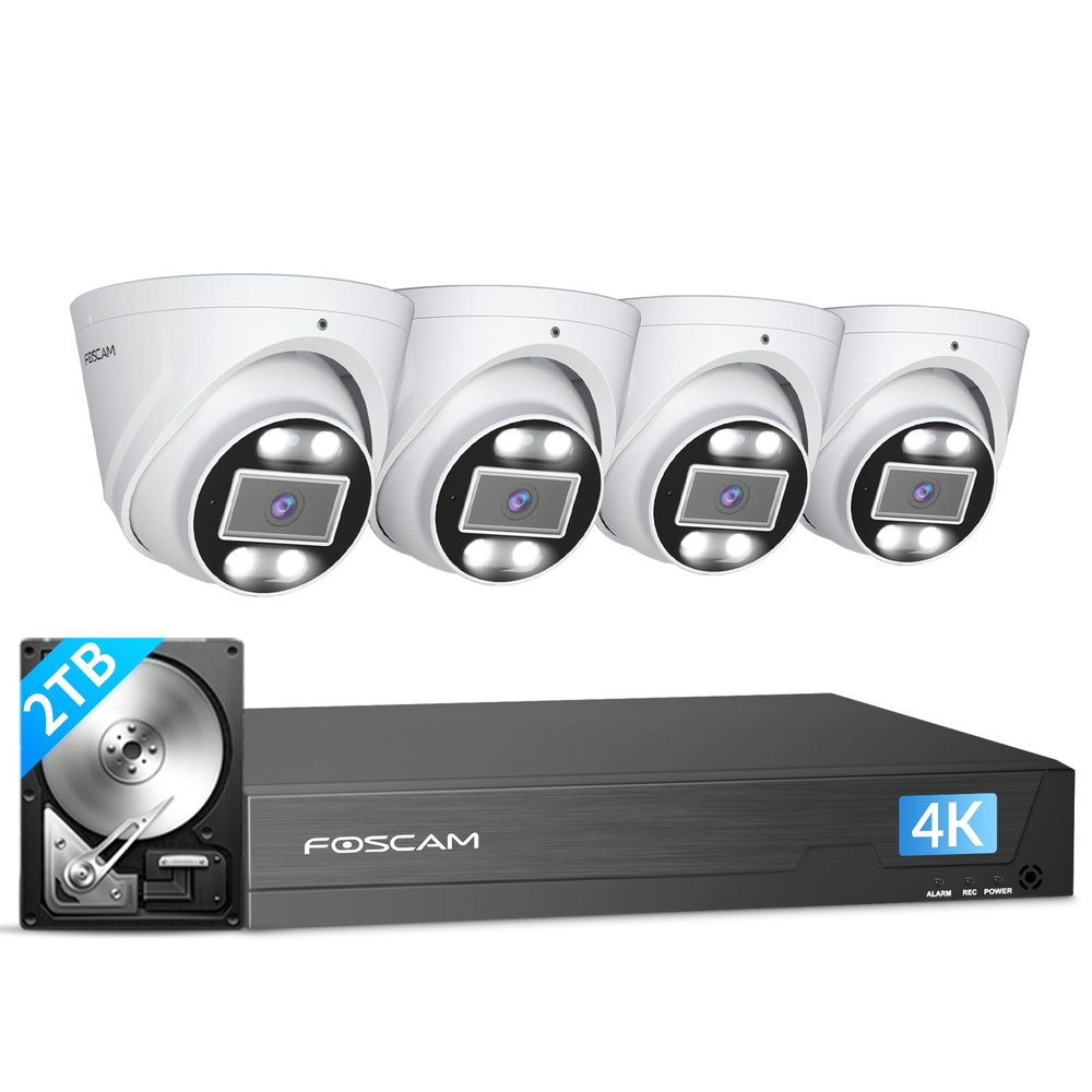 FOSCAM 4K 8MP NVR PoE Security Camera System 8 Channel NVR 4pcs Wired Outdoors IP PoE 8MP Security Cameras, 2TB HDD, Color Night Vision, 2-Way Audio, AI Human Vehicle Detection, FNA108E-T4
