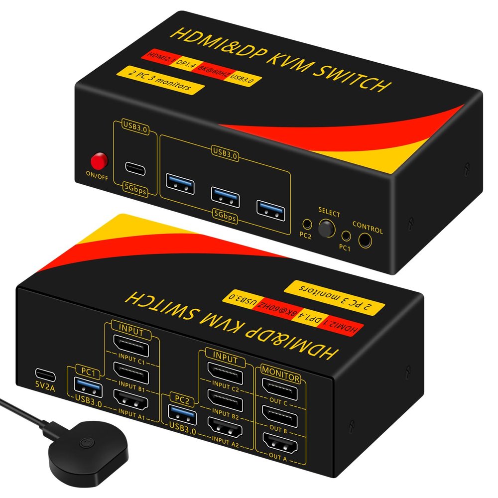 2*DP+1*HDMI KVM Switches 3 Monitors KVM Switch 2 Monitors 2 Computers Display Port8K@60HZ,USB3.0,kvm displayport 2 Computers 3 Monitors Dual Monitors Support Extended and Copy Mode,Share USB Devices