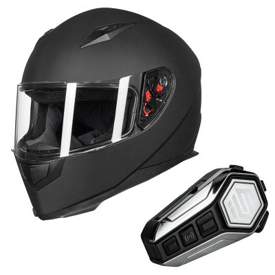 ILM Full Face Motorcycle Street Bike Helmet (L, Matte Black) with Removable Winter Neck Scarf + 2 Visors and Bluetooth Headset with Hi-Fi System