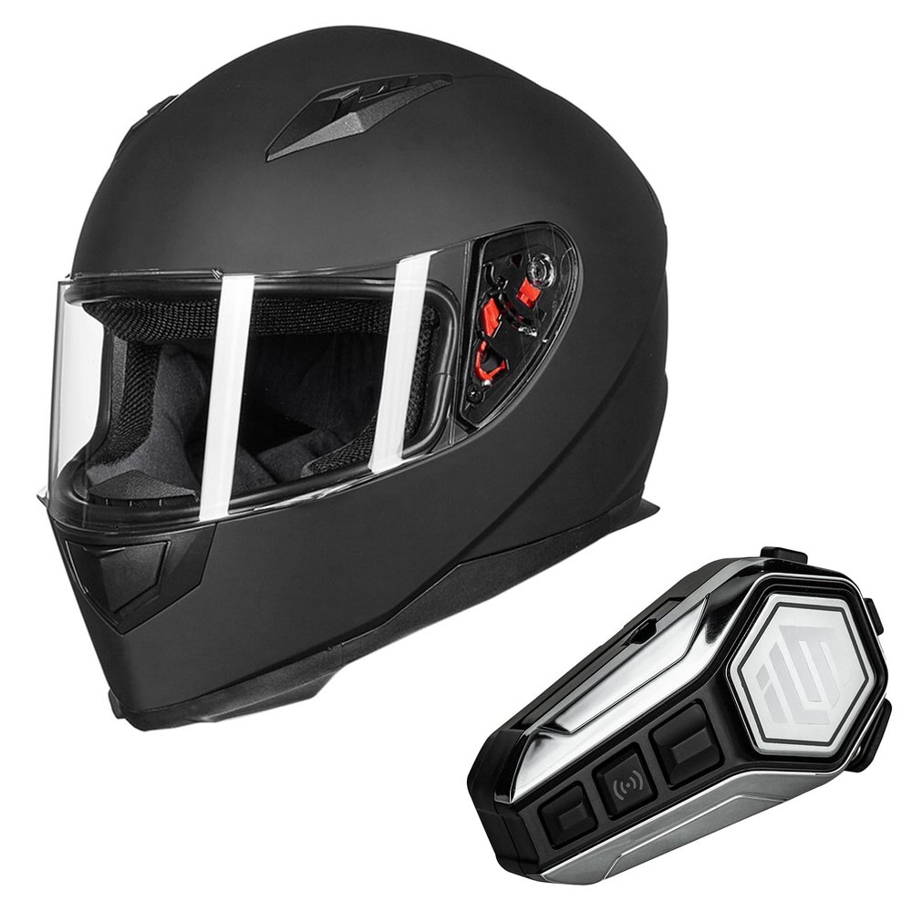 ILM Full Face Motorcycle Street Bike Helmet (L, Matte Black) with Removable Winter Neck Scarf + 2 Visors and Bluetooth Headset with Hi-Fi System