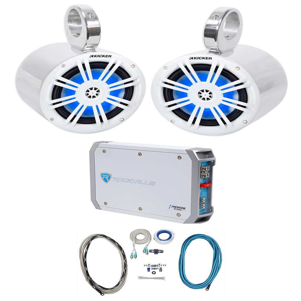 Audiosavings Bundle: Kicker 51KM604WL Marine Boat Speakers with Pair Rockville Speaker Enclosures, Marine Amplifier Wire Kit, Marine Amplifier Stereo (4 Items)