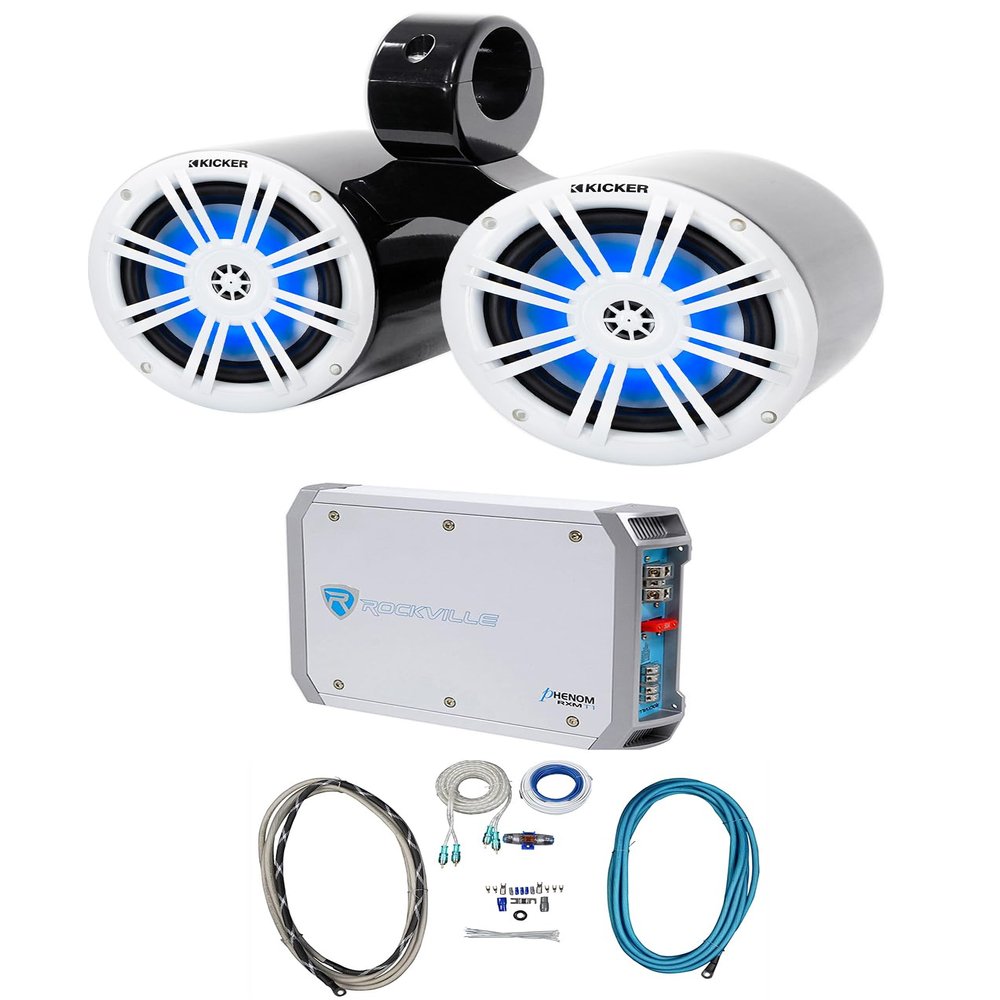 Audiosavings Bundle: Kicker 51KM604WL Marine Speakers with Rockville DMAC65B Speaker Enclosure, RMWK4 Marine Amplifier Wire Kit, RXM-T1 Marine Amplifier (4 Items)
