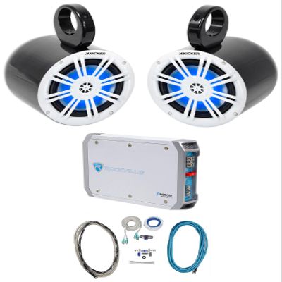Audiosavings Bundle: Kicker 51KM604WL Marine Boat Speakers with Pair Rockville Speaker Pod Enclosures, Marine Amplifier Wire Kit, RXM-T1 Marine Amplifier (4 Items)