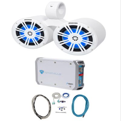 Audiosavings Bundle: Kicker 51KM604WL Marine Boat Speakers with Rockville DMAC65W Speaker Enclosure, RMWK4 Marine Amplifier Kit, RXM-T1 Marine Amplifier (4 Items)