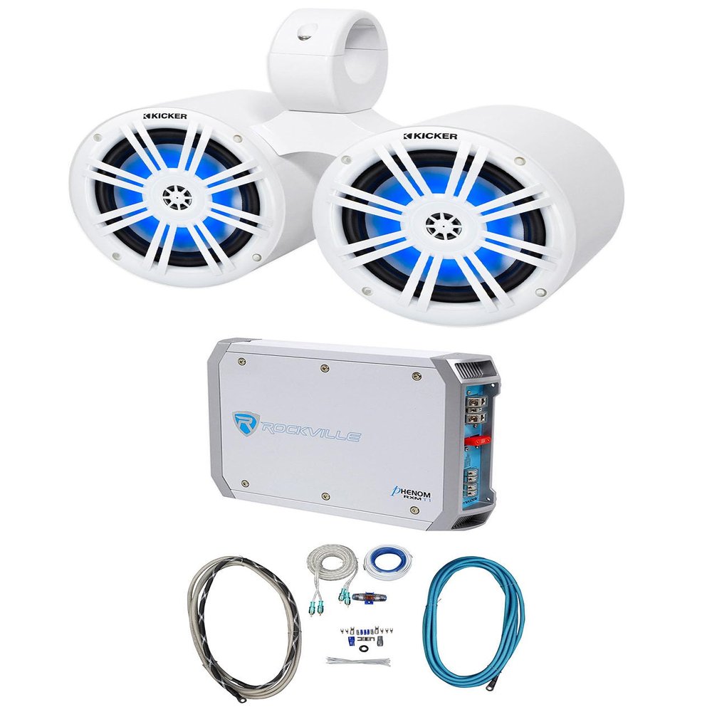 Audiosavings Bundle: Kicker 51KM604WL Marine Boat Speakers with Rockville DMAC65W Speaker Enclosure, RMWK4 Marine Amplifier Kit, RXM-T1 Marine Amplifier (4 Items)