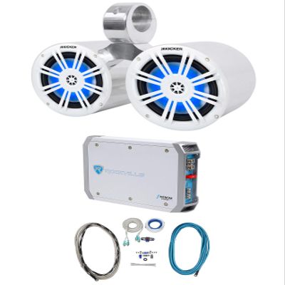 Audiosavings Bundle: Kicker 51KM604WL Marine Boat Speakers with Rockville DMAC65S Speaker Enclosure, RMWK4 Marine Amplifier Kit, RXM-T1 Marine Amplifier (4 Items)