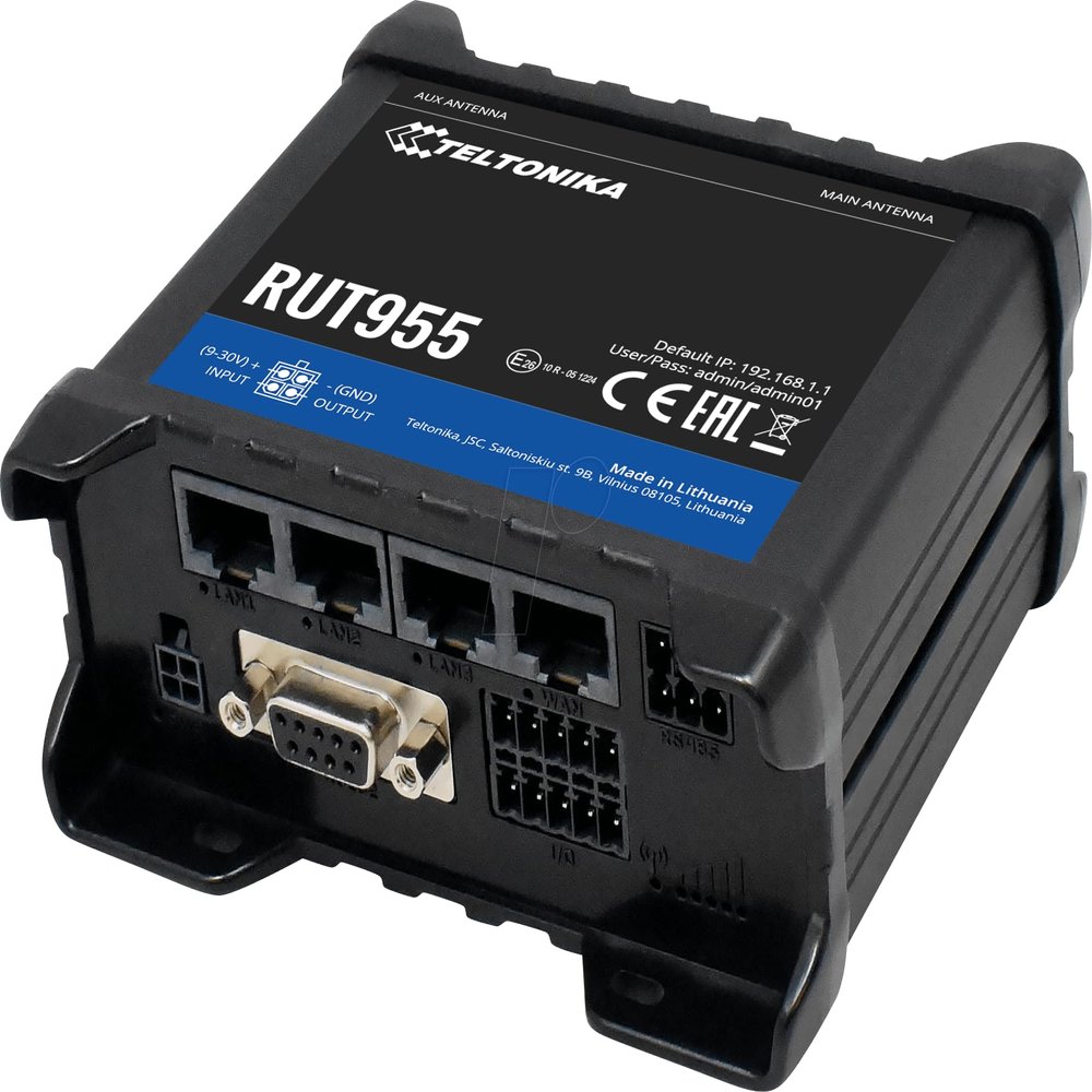 RUT955V03550, 4G/LTE (CAT 4), Dual SIM, 4 WAN/LAN (10/100), WiFi 2.4, GPS, USB, RS232/485, 8 I/O, SD