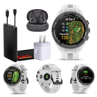 Garmin Approach S70 42MM White- GPS Golf Smartwatch for Men, Lightweight Touchscreen AMOLED Display and Preloaded Courses Bundle with Wireless Earbuds & More