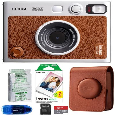 Fujifilm INSTAX Mini EVO Hybrid Instant Camera Bundle, Includes: Fujifilm Soft Case, Mini Film (30 Exposures), SanDisk 32GB MicroSDHC Memory Card and More (6 Items) (Brown)