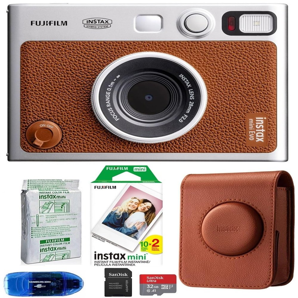 Fujifilm INSTAX Mini EVO Hybrid Instant Camera Bundle, Includes: Fujifilm Soft Case, Mini Film (30 Exposures), SanDisk 32GB MicroSDHC Memory Card and More (6 Items) (Brown)