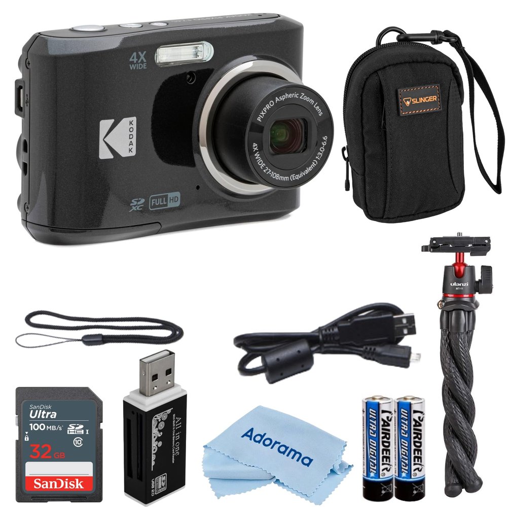 Kodak PIXPRO FZ45 Friendly Zoom 16MP Full HD Digital Camera, Bundle with 32GB Memory Card and Camera Bag, Flexible Tripod, and Card Reader (Black)