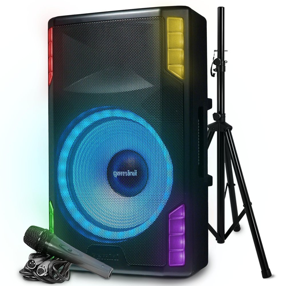 Gemini Sound GSP-L5500PK 15" 2200W Bluetooth PA Speaker with Microphone, Stand, TWS Pairing, LED Party Lights, 3-Channel Mixer Ideal for DJs, Events, and Parties