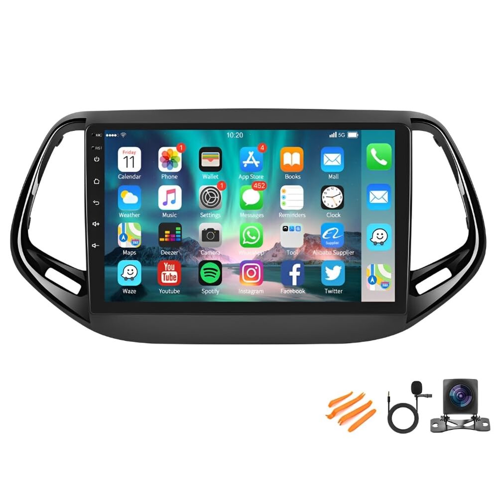 2+32G Android 13 Double Din Car Stereo Radio to 17-19 Compatible for Jeep for Compass 10'' Touch Screen Car Radio Audio Receiver with Wireless CarPlay Android Auto,Mirror Link,GPS Navigation,WiFi