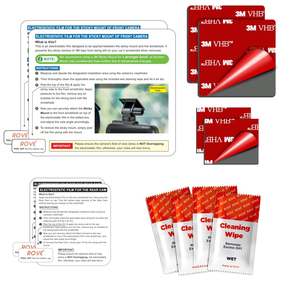 ROVE Windshield Electrostatic Films & 3M Sticky Tapes  2 Pack Each for Front & Rear (Compatible with R2-4K Dual Dash Cam)