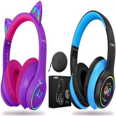 LOBKIN Bluetooth 5.3 Kids Headphones with Case - RGB LED Light Up Cat Ears Foldable Adjustable Over Ear Headphone Support Wireless or 3.5mm Wired Mode for Toddler & Girls & Boys Teens
