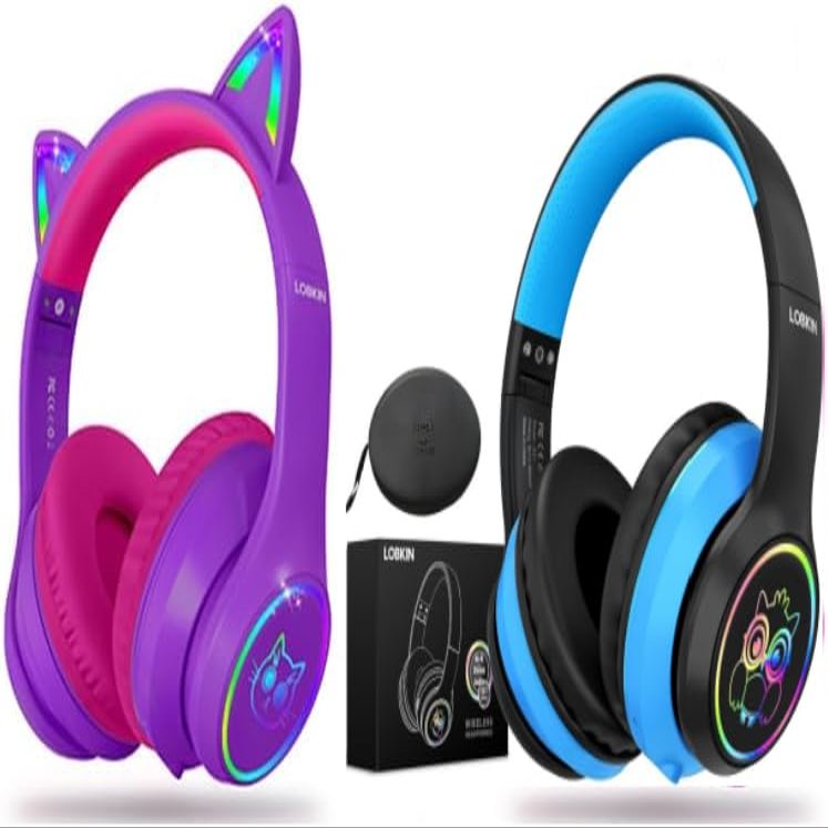 LOBKIN Bluetooth 5.3 Kids Headphones with Case - RGB LED Light Up Cat Ears Foldable Adjustable Over Ear Headphone Support Wireless or 3.5mm Wired Mode for Toddler & Girls & Boys Teens
