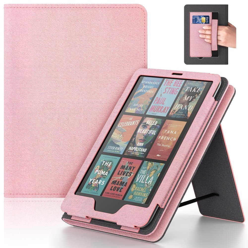 Lainergie Case for Kindle Paperwhite 7"/6.8" (12th/11th Gen, 2024/2021) & Kindle Colorsoft Signature Edition 2024, Slim PU Shell Cover with Stand, Hand Strap, Auto-Wake/Sleep Feature Not for TCL, Pink