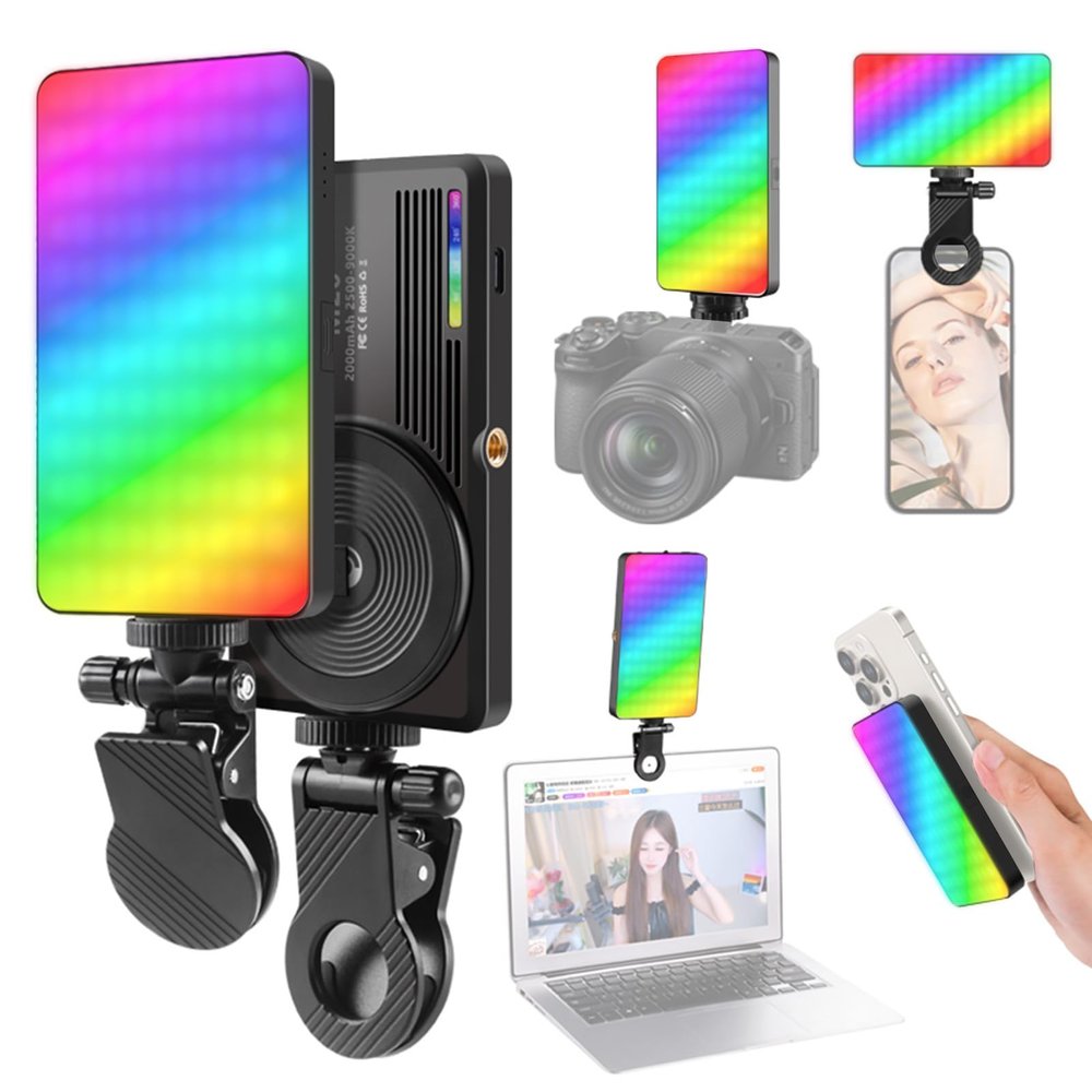 Andoer Magnetic RGB Video Light Pocket LED Fill Light 2500K-9000K Dimmable 22 Scene Lighting Effects Video Conference Light for Computer Tablet Mobile Phone DSLR Camera with Clip Cold Shoe Adapter