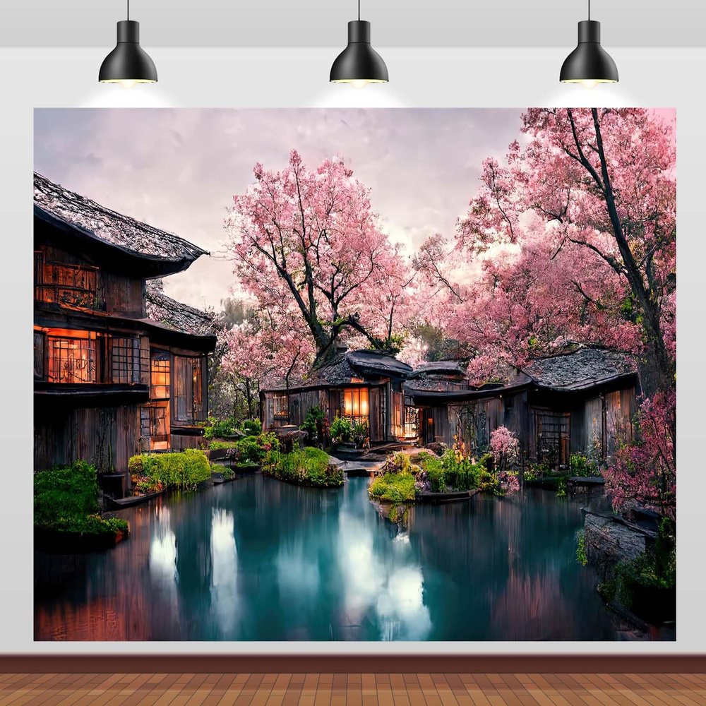 BELECO 7x5ft Fabric Japanese Garden Backdrop Romantic Japan Garden with Cherry Blossom, Sakura, Water Lake and Japanese Houses Background Japanese Theme Party Decorations Photoshoot Studio Props