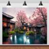 BELECO 7x5ft Fabric Japanese Garden Backdrop Romantic Japan Garden with Cherry Blossom, Sakura, Water Lake and Japanese Houses Background Japanese Theme Party Decorations Photoshoot Studio Props view 1
