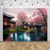 BELECO 7x5ft Fabric Japanese Garden Backdrop Romantic Japan Garden with Cherry Blossom, Sakura, Water Lake and Japanese Houses Background Japanese Theme Party Decorations Photoshoot Studio Props view 2