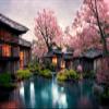 BELECO 7x5ft Fabric Japanese Garden Backdrop Romantic Japan Garden with Cherry Blossom, Sakura, Water Lake and Japanese Houses Background Japanese Theme Party Decorations Photoshoot Studio Props view 3