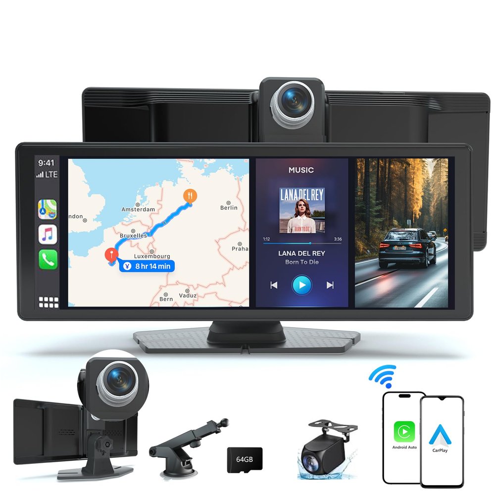 10.26'' Wireless Apple CarPlay & Android Auto Screen for Car with 4K Dash Cam, 1080p Backup Camera, Bluetooth, GPS Navigation, Voice Control, Mirror Link, Portable Car Stereo Fits All Vehicles