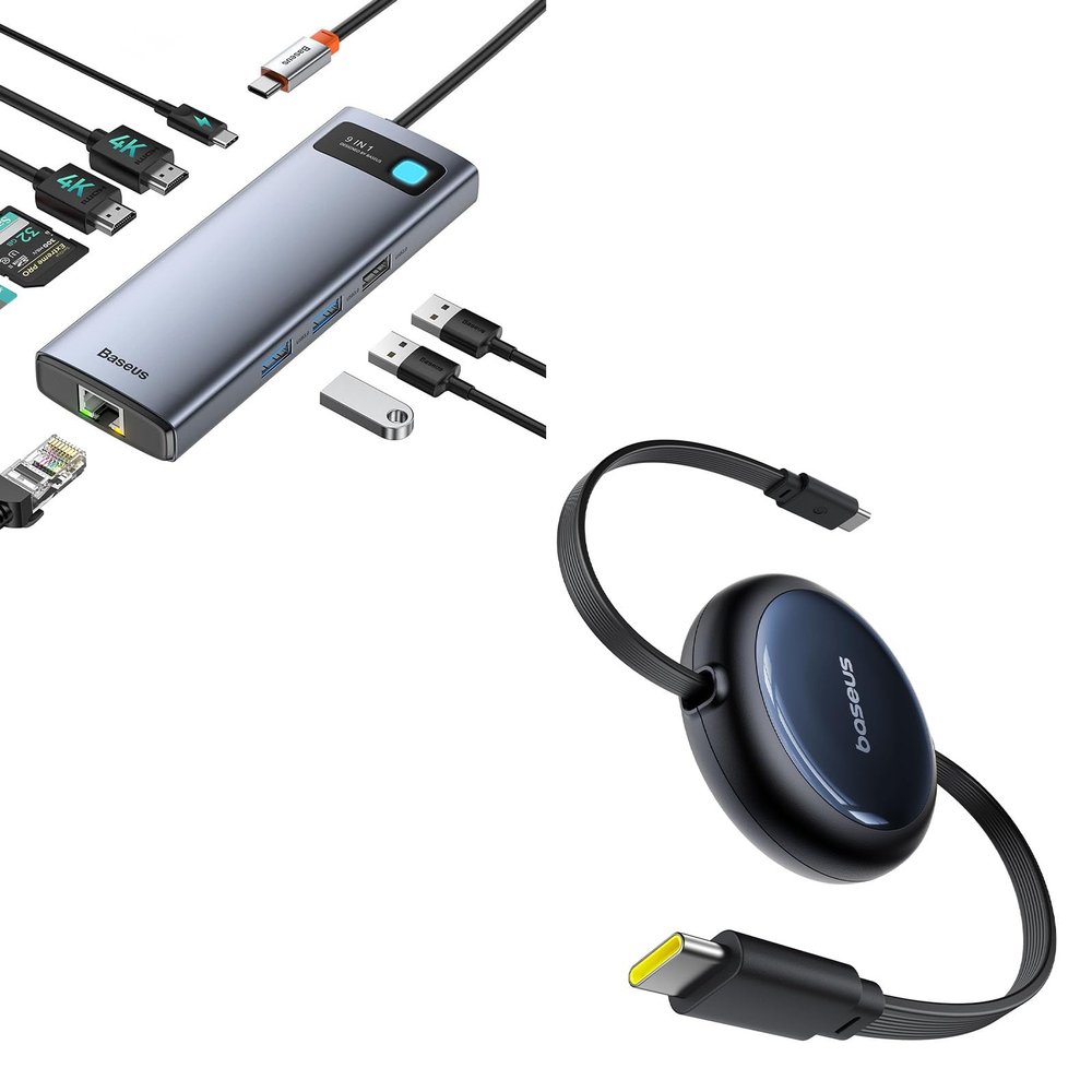 Baseus Laptop Docking Station Dual Monitor 4K@120Hz, 9 in 1 USB C Hub and Baseus Retractable USB C Cable, 100W 4.9ft USB C to USB C Fast Charging Cable