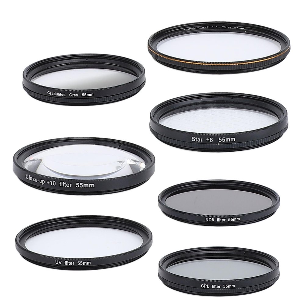 49mm /55mm CPL, ND8, White Soft, Graduated Grey, 10X Macro, 6 Points Star Filters, 7 Packs Lens Filter Kit with Storage Case, Camera Lens Accessories (55mm)