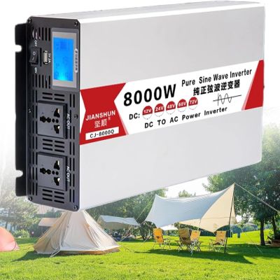 Power Inverter 4000W/5000W/6000W/8000W Inverter Pure Sine Wave DC 12V/24V/48V/60V/72V to AC 110V/220V 230V 240V Car Inverter with USB Ports AC Sockets Car Adapter with LED Display for Travel(8000W,48V