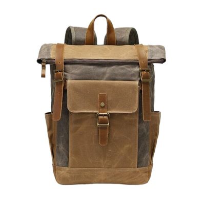DANNLING Mens Vintage Backpack Retro Double Shoulder Travel Bag Laptop Rucksack Waxed Canvas Crazy Horse Leather Bookbag (Military green)