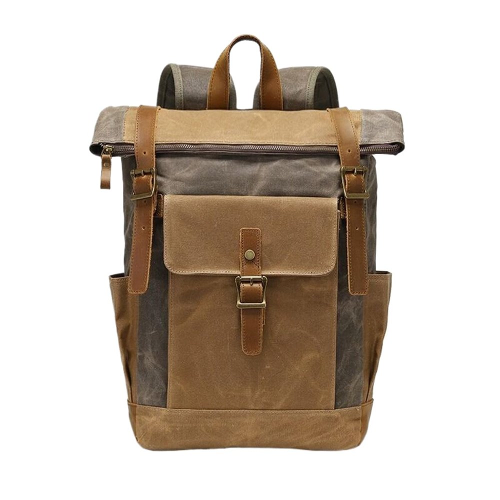 DANNLING Mens Vintage Backpack Retro Double Shoulder Travel Bag Laptop Rucksack Waxed Canvas Crazy Horse Leather Bookbag (Military green)